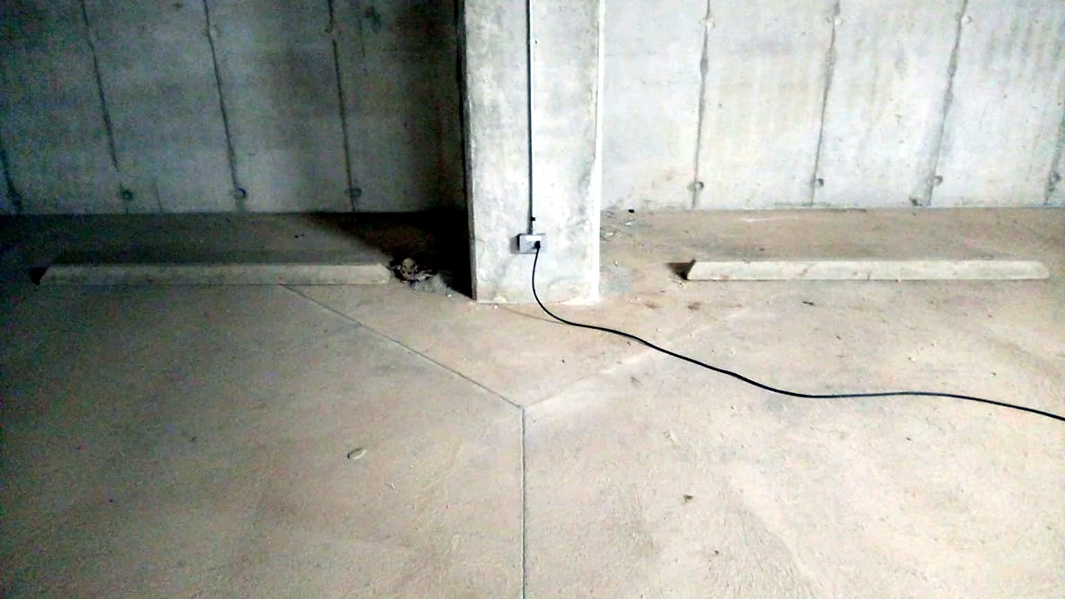 Antes: topes de concreto sin pintar a ambos lados de una columna